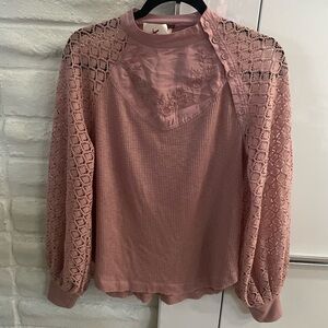 NWT Free People Pink Crochet Floral Embroidered Top with Parachute Sleeves Small